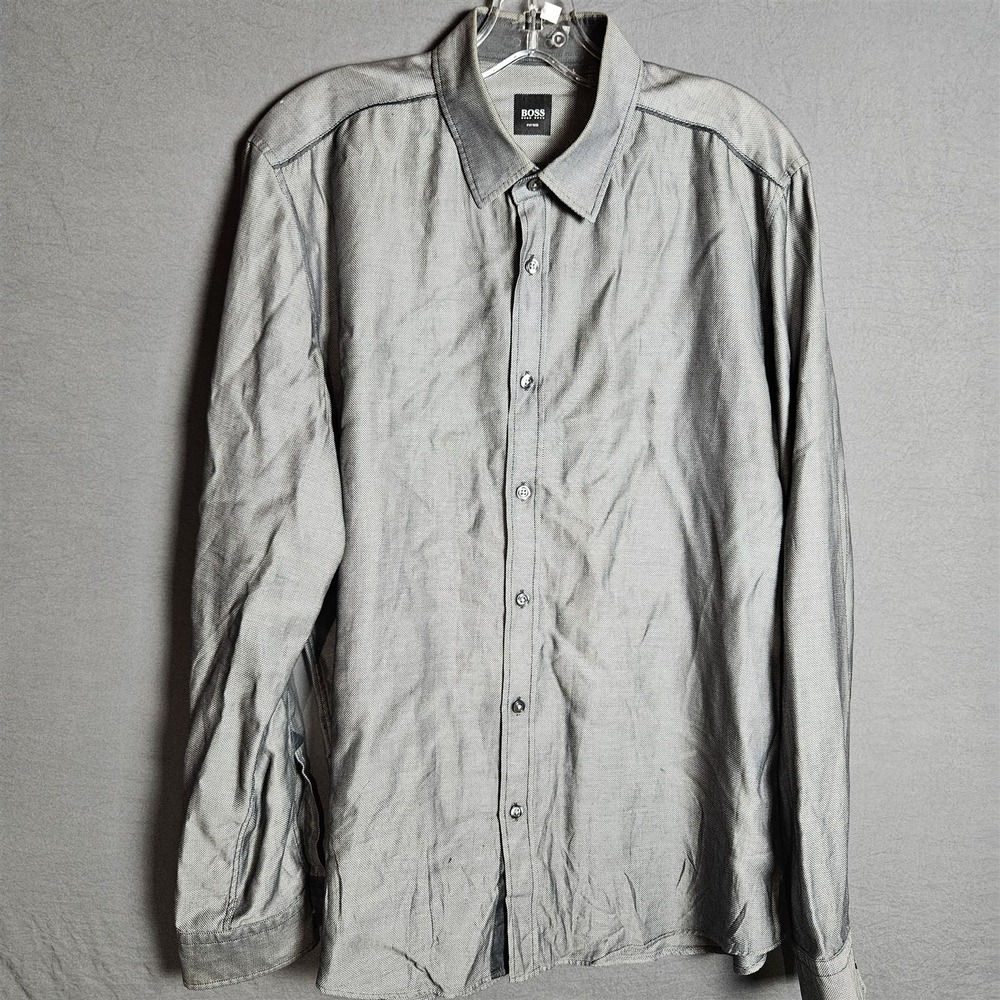 Hugo Boss Fitted Dress Shirt Mens L Grey Herringbone Long Sleeve Button Up